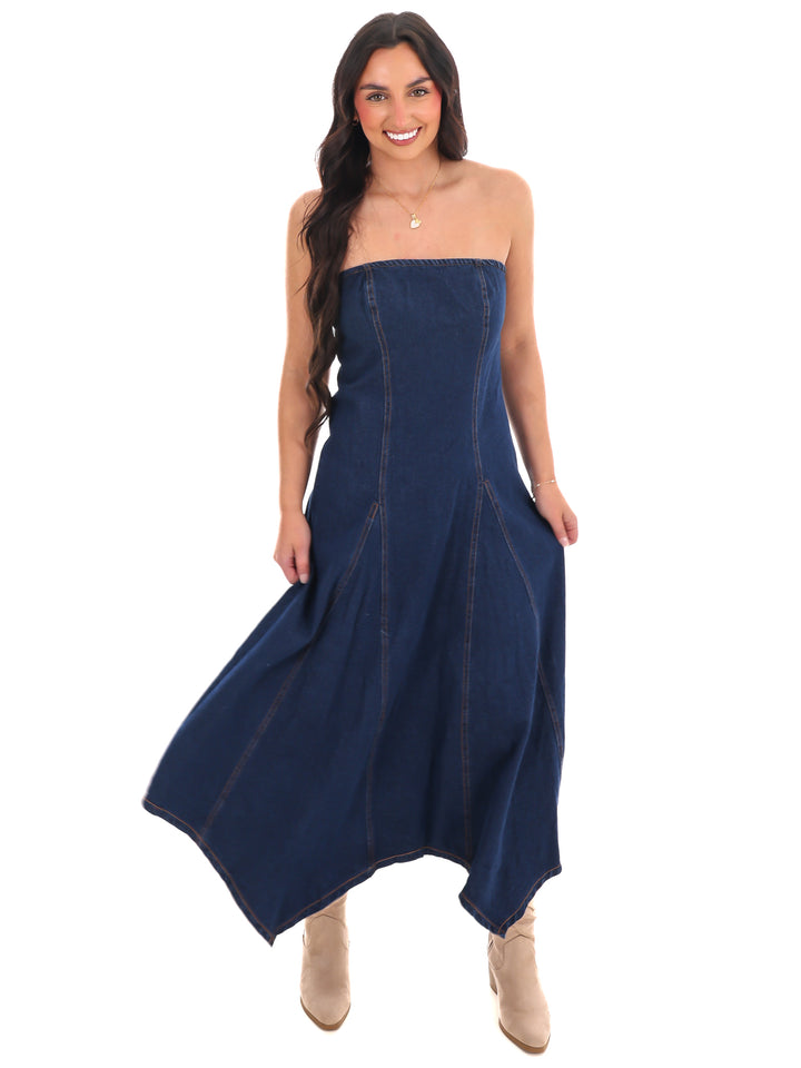 Chasing Joy Denim Tube Midi Dress