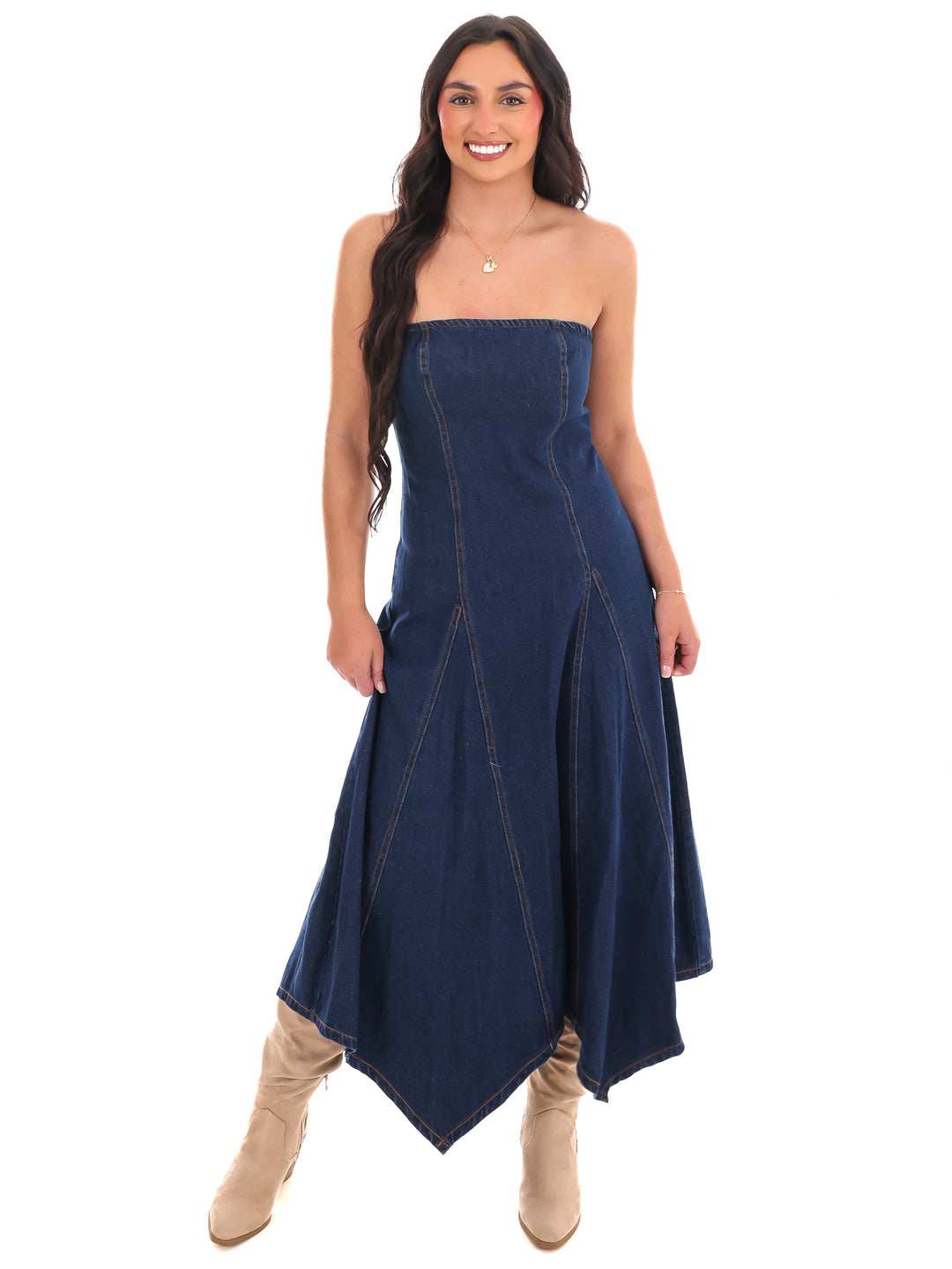 Chasing Joy Denim Tube Midi Dress