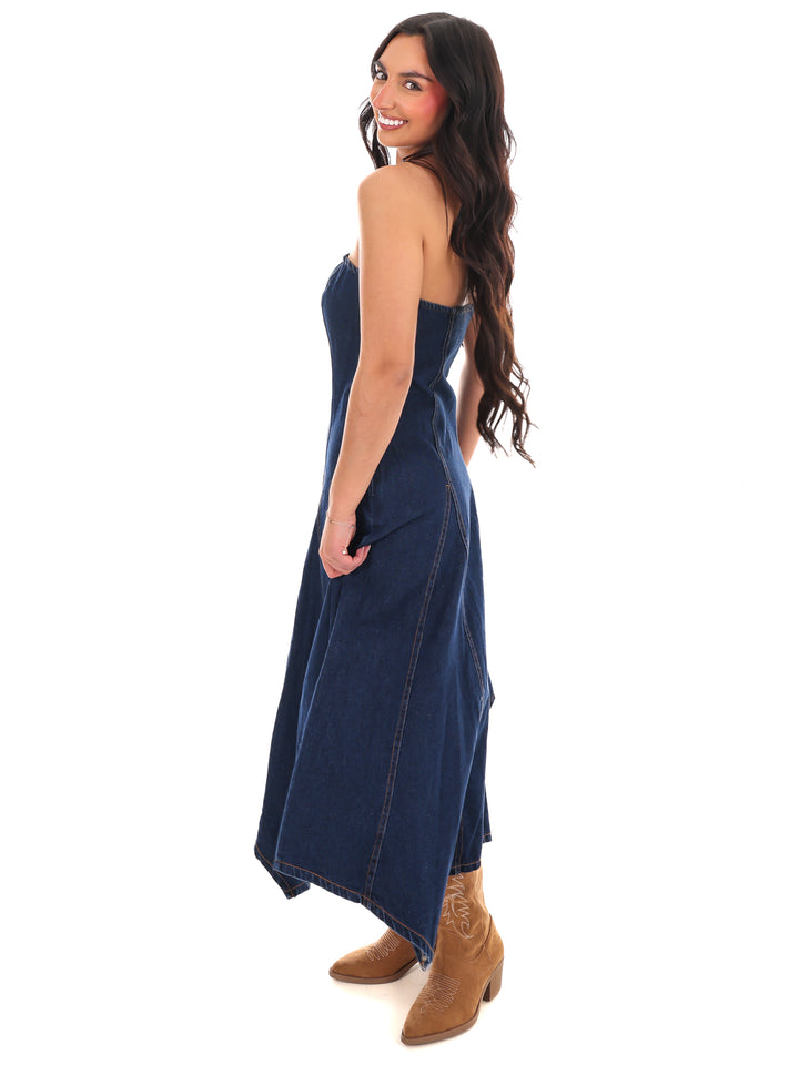 Chasing Joy Denim Tube Midi Dress