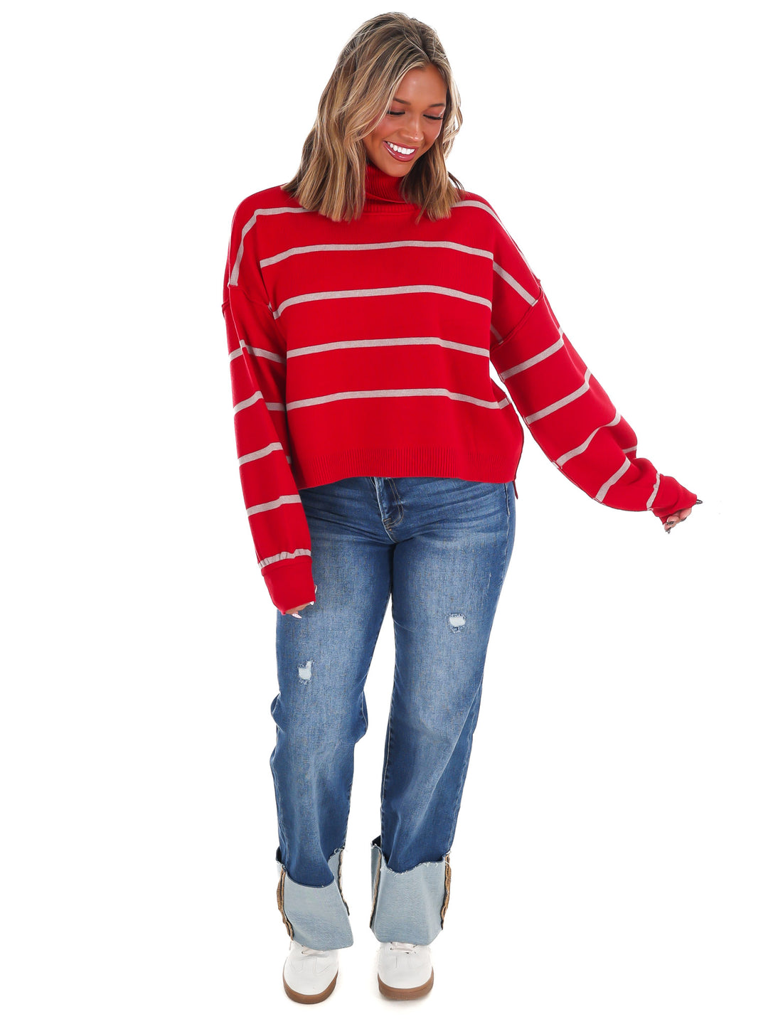 Off Duty Mock Neck Stripe Sweater