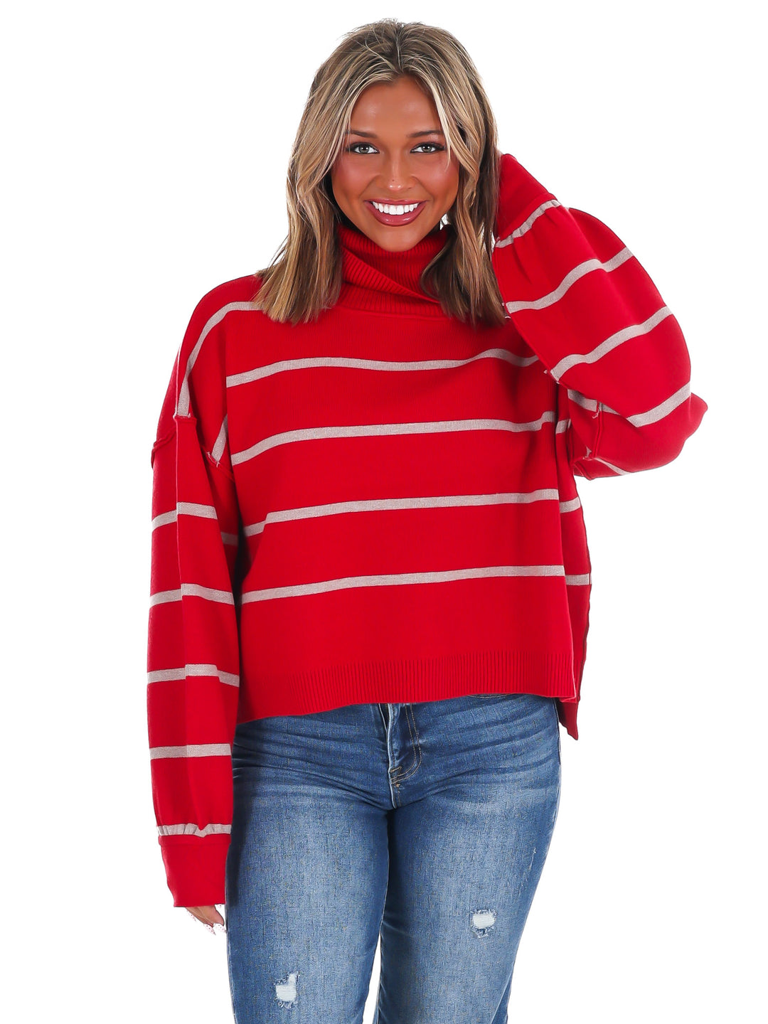 Off Duty Mock Neck Stripe Sweater