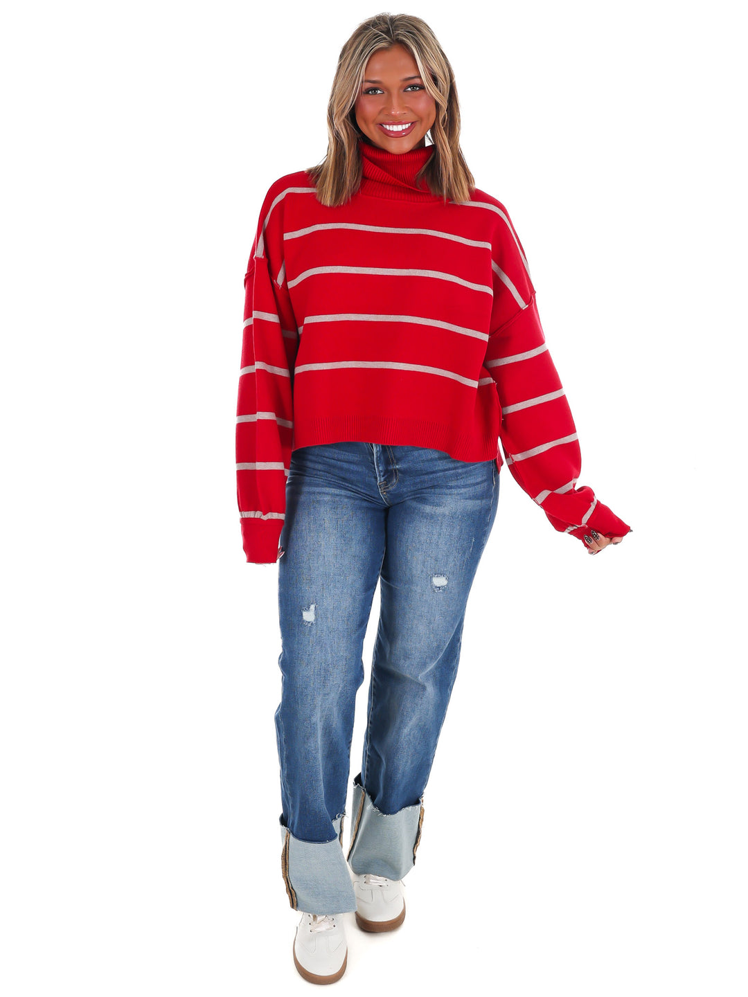 Off Duty Mock Neck Stripe Sweater