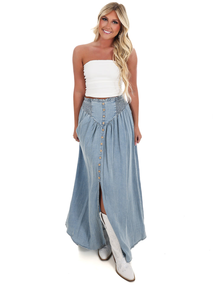 Front Row Denim Front Slit Maxi Skirt