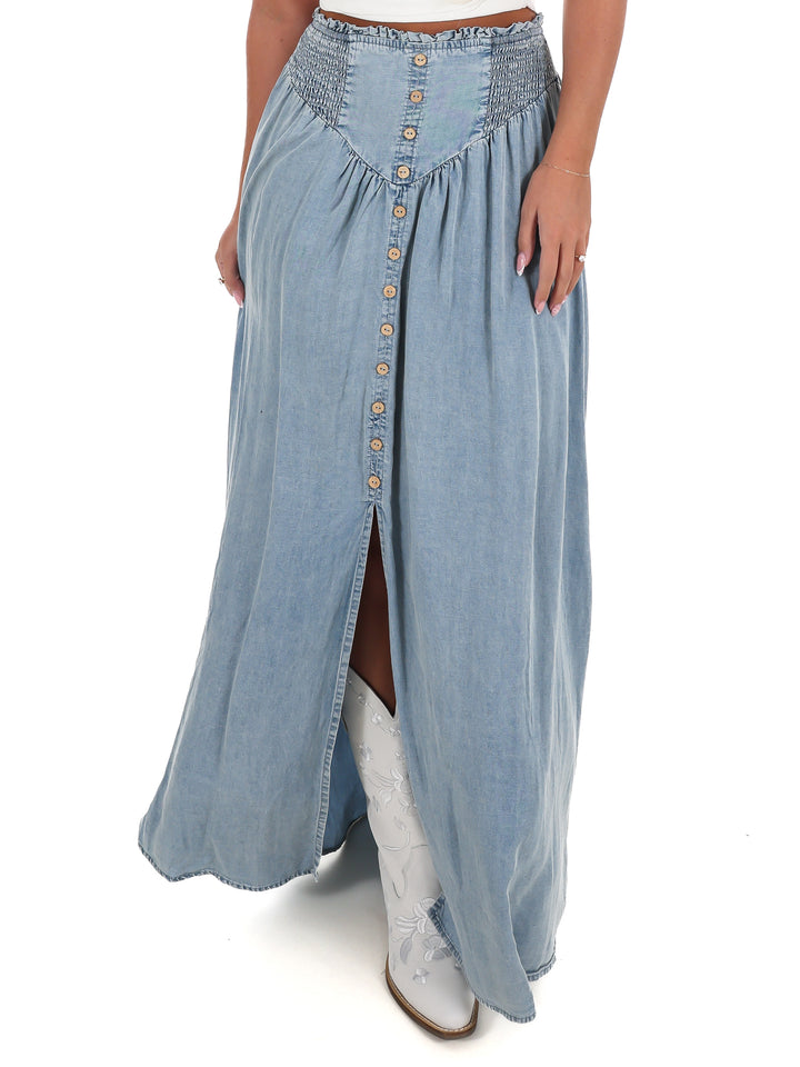 Front Row Denim Front Slit Maxi Skirt