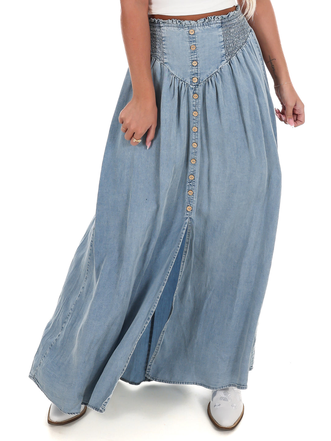 Front Row Denim Front Slit Maxi Skirt