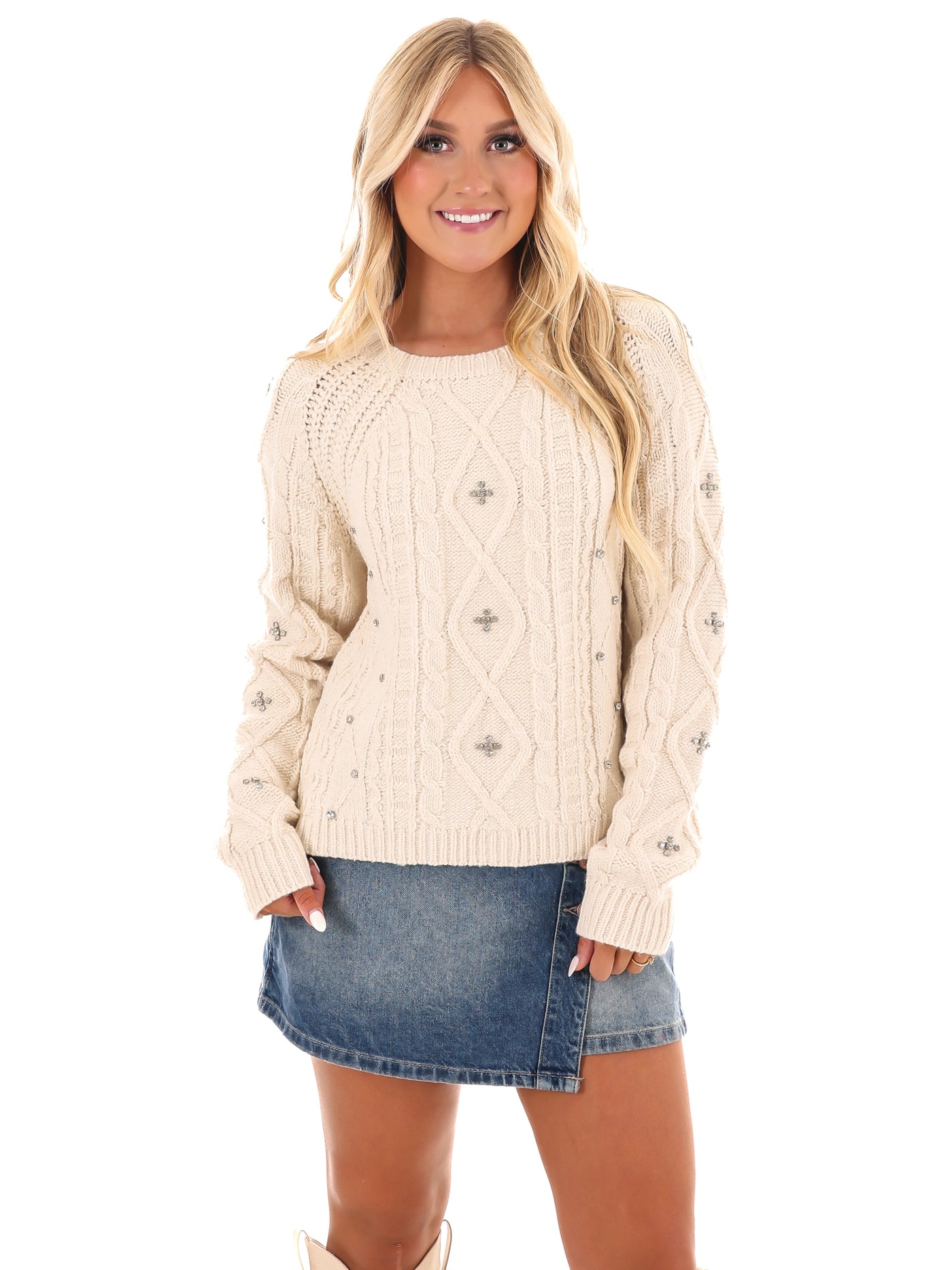 Radiant Rhinestone Cable Knit Sweater