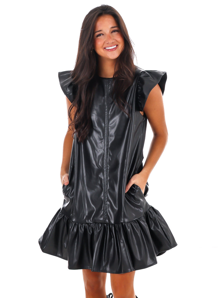 Ruffled Edge Faux Leather Mini Dress