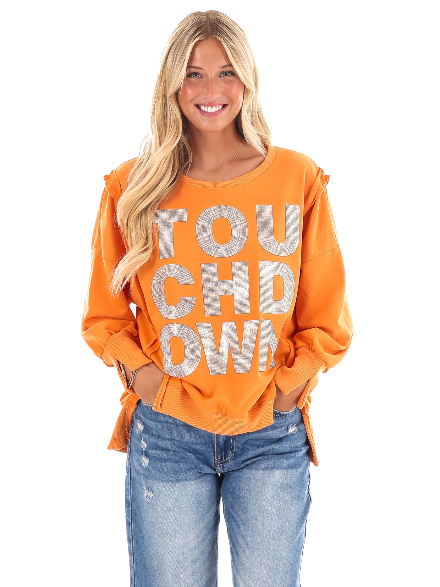 Orange Rhinestone Touchdown Pullover