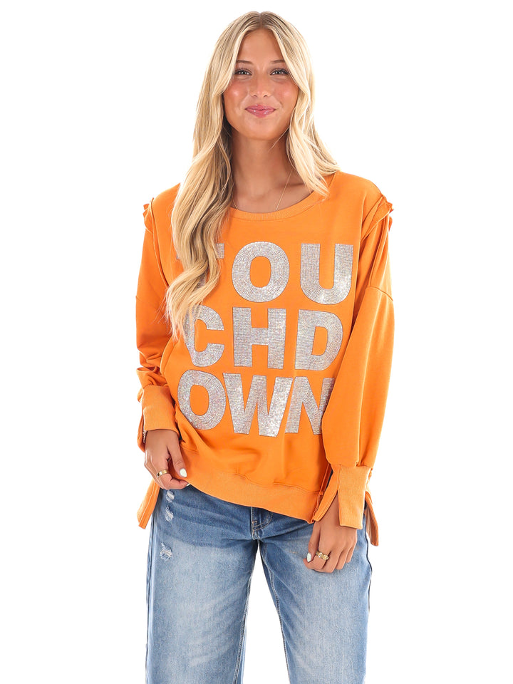 Orange Rhinestone Touchdown Pullover