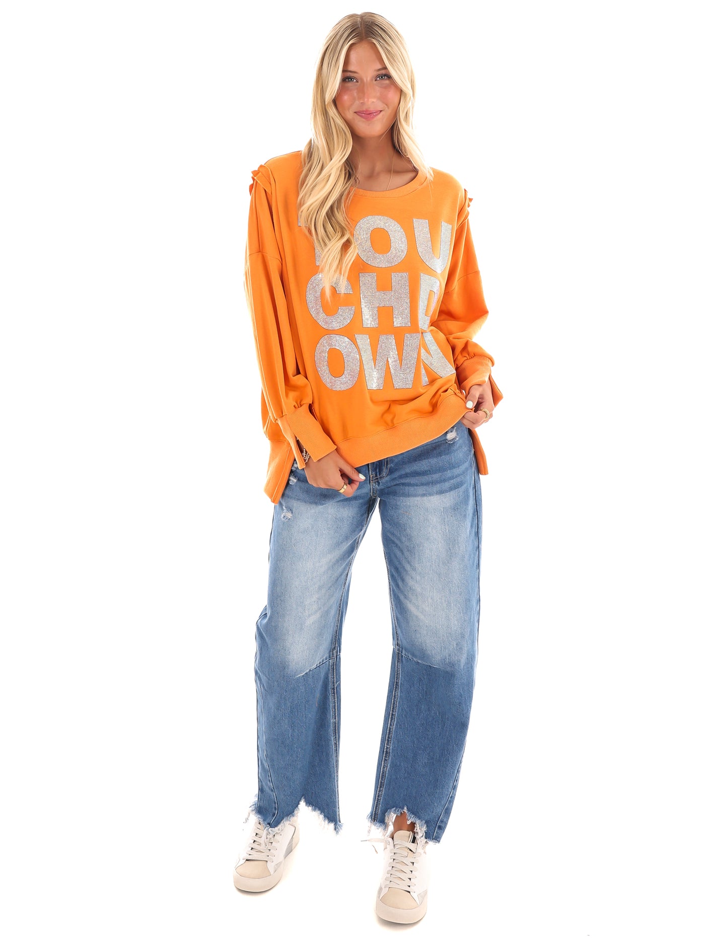 Orange Rhinestone Touchdown Pullover