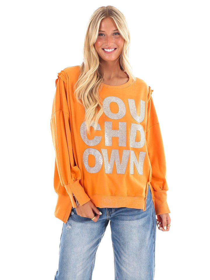 Orange Rhinestone Touchdown Pullover