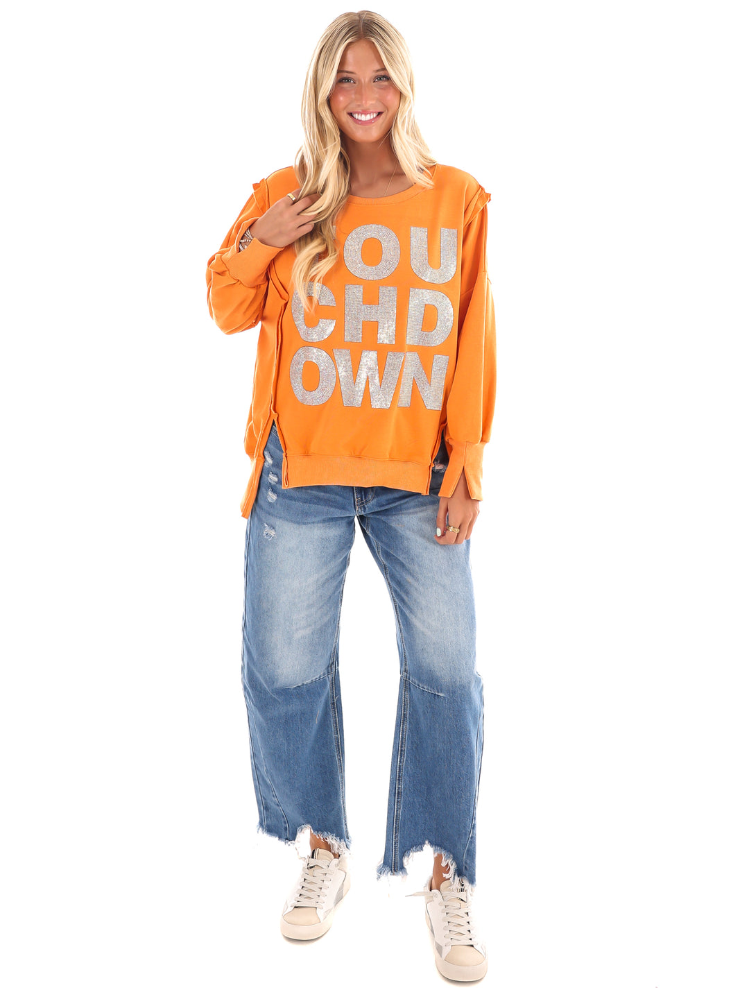 Orange Rhinestone Touchdown Pullover