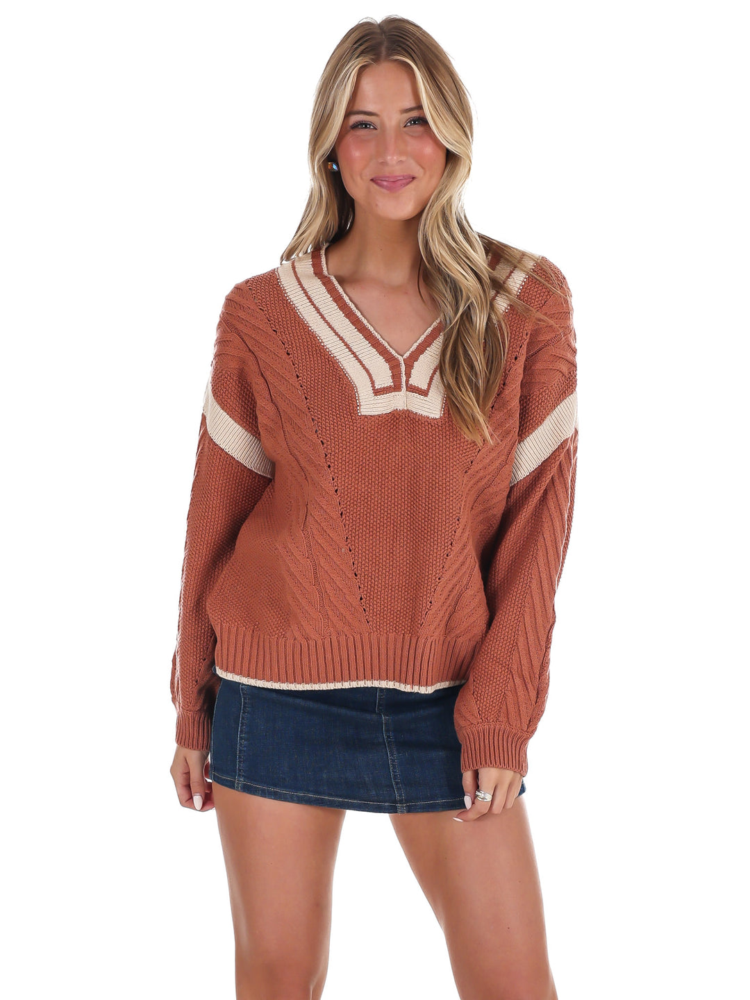 Crisp Air V-Neck Cable Contrast Sweater