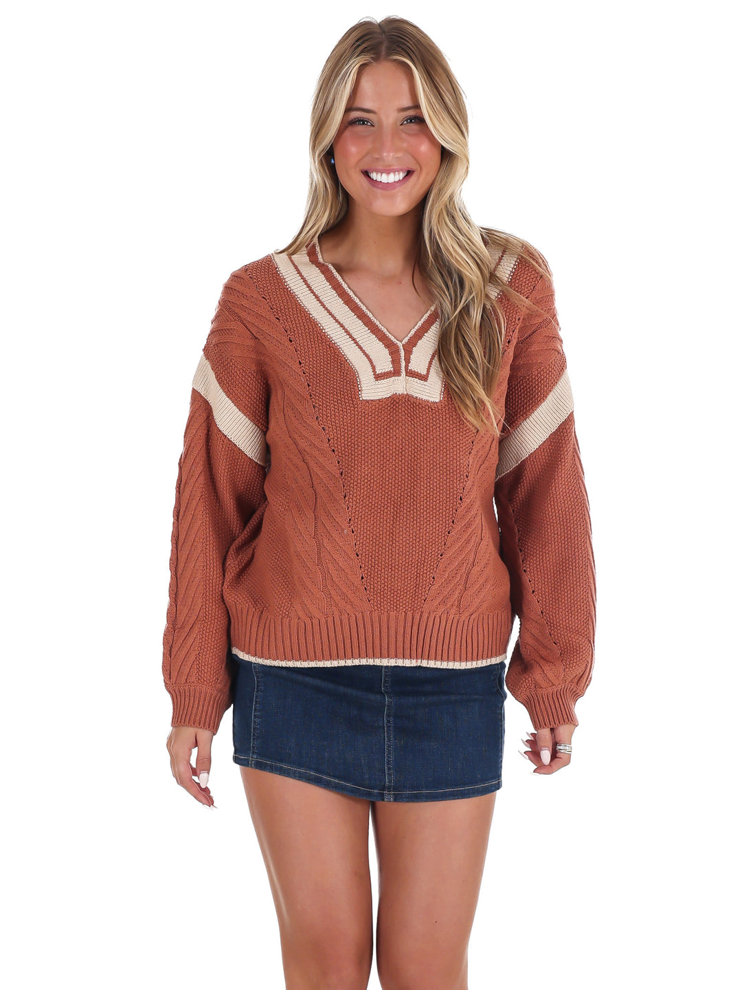 Crisp Air V-Neck Cable Contrast Sweater