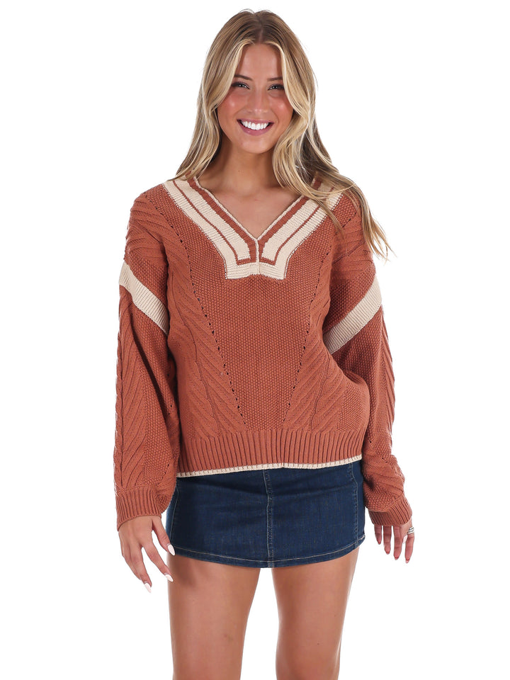 Crisp Air V-Neck Cable Contrast Sweater
