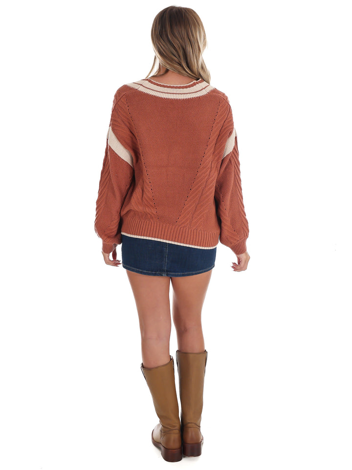 Crisp Air V-Neck Cable Contrast Sweater