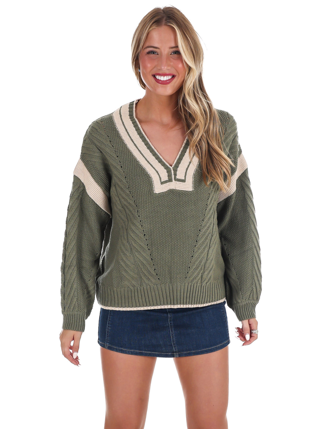 Crisp Air V-Neck Cable Contrast Sweater