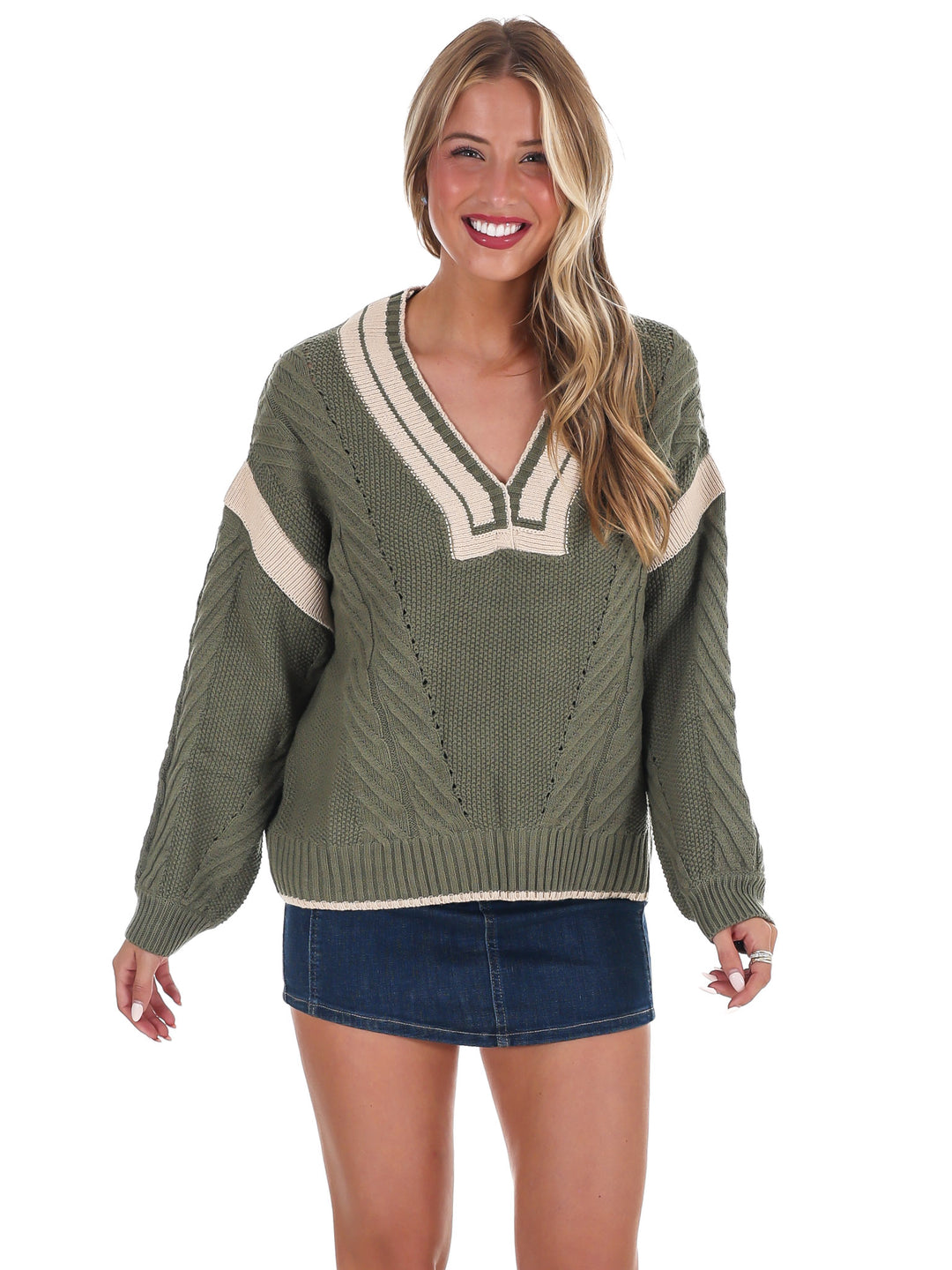 Crisp Air V-Neck Cable Contrast Sweater