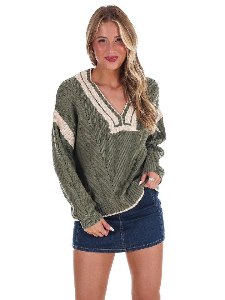 Crisp Air V-Neck Cable Contrast Sweater