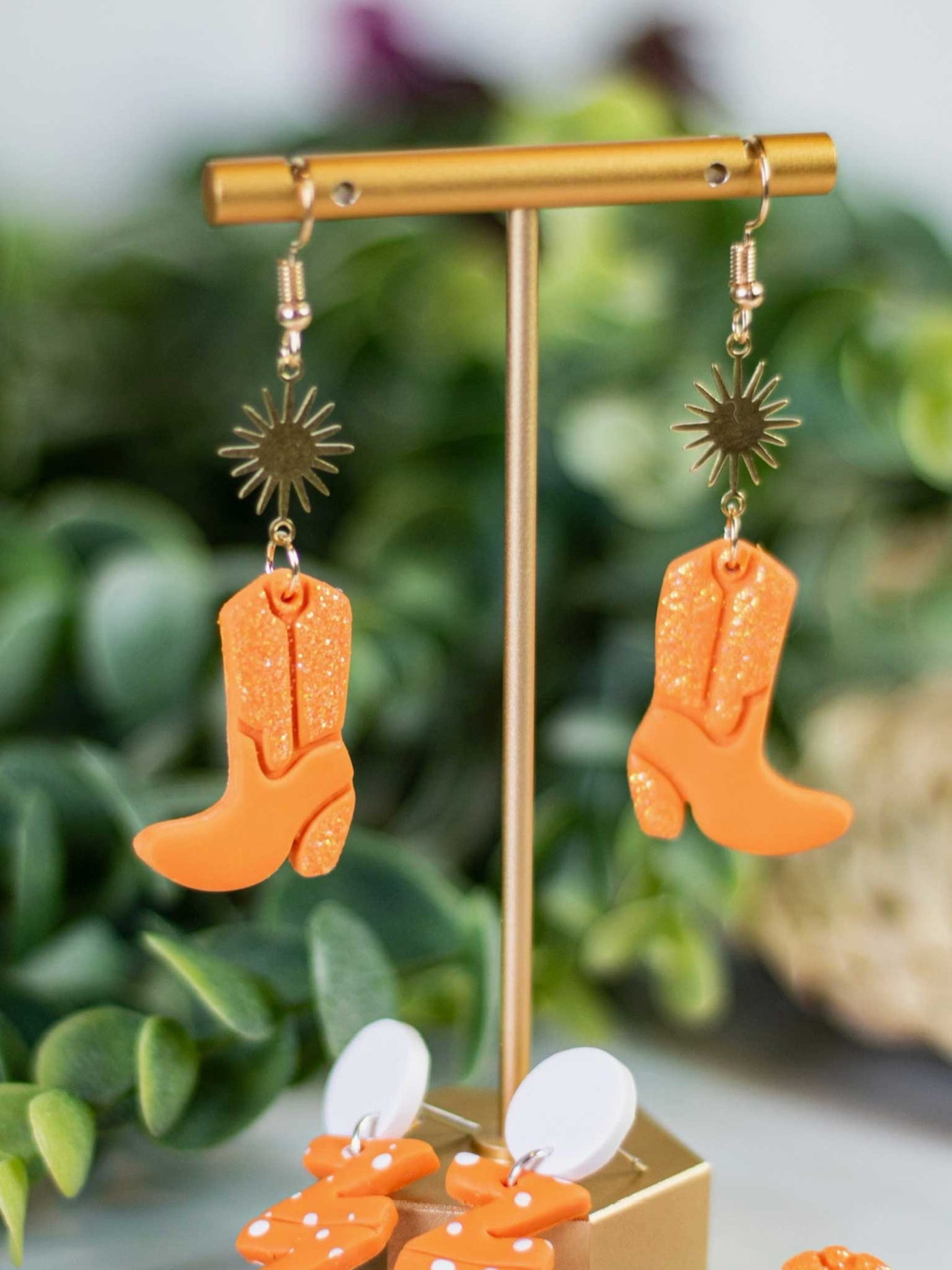 Orange Glitter Boots Dangle Earrings