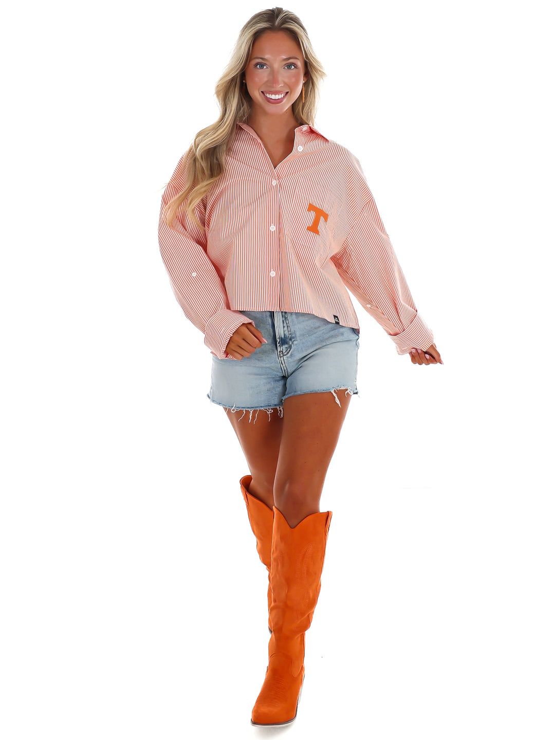 Tennessee Logo Patch Striped Cropped Button Up