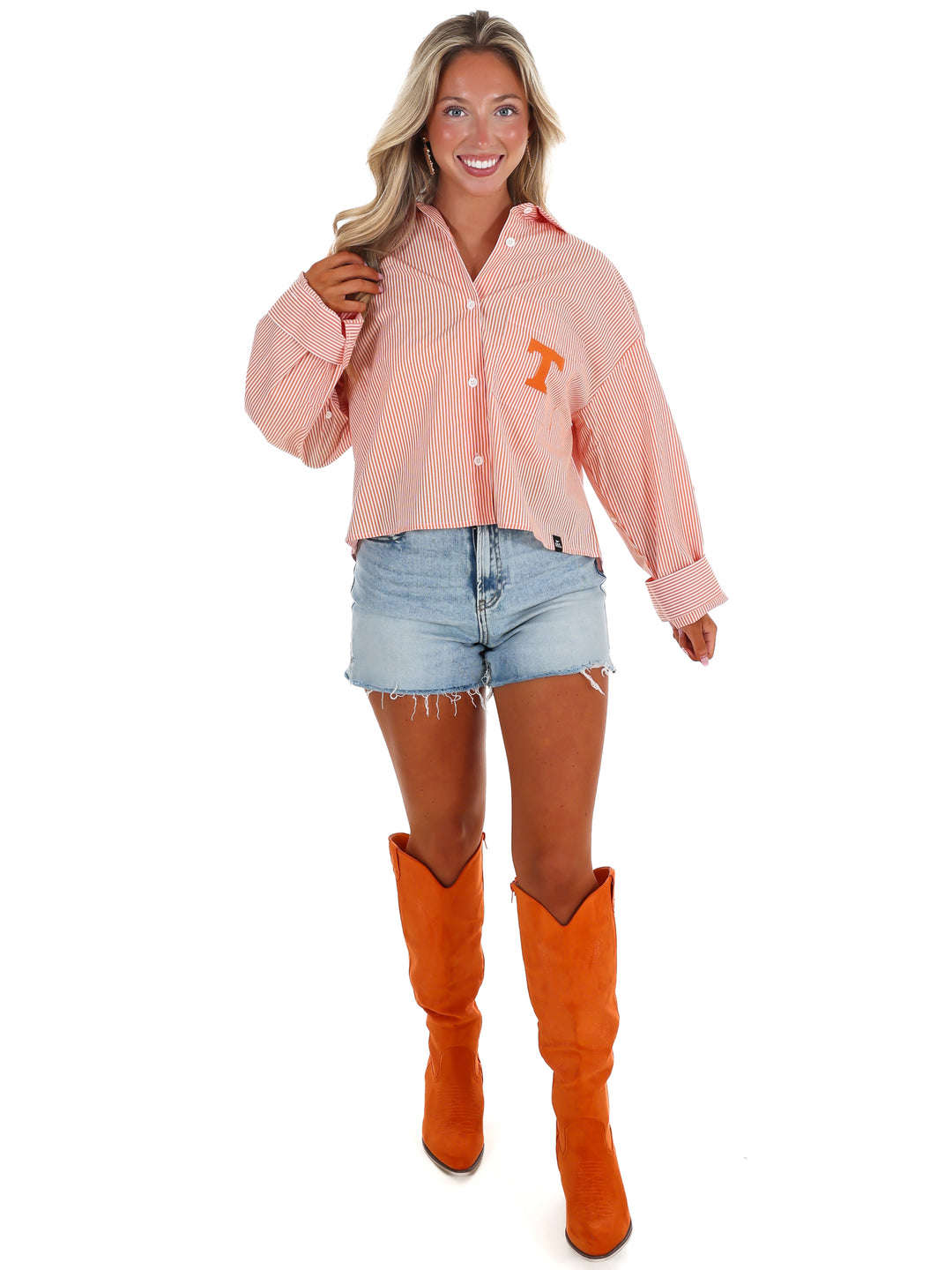 Tennessee Logo Patch Striped Cropped Button Up