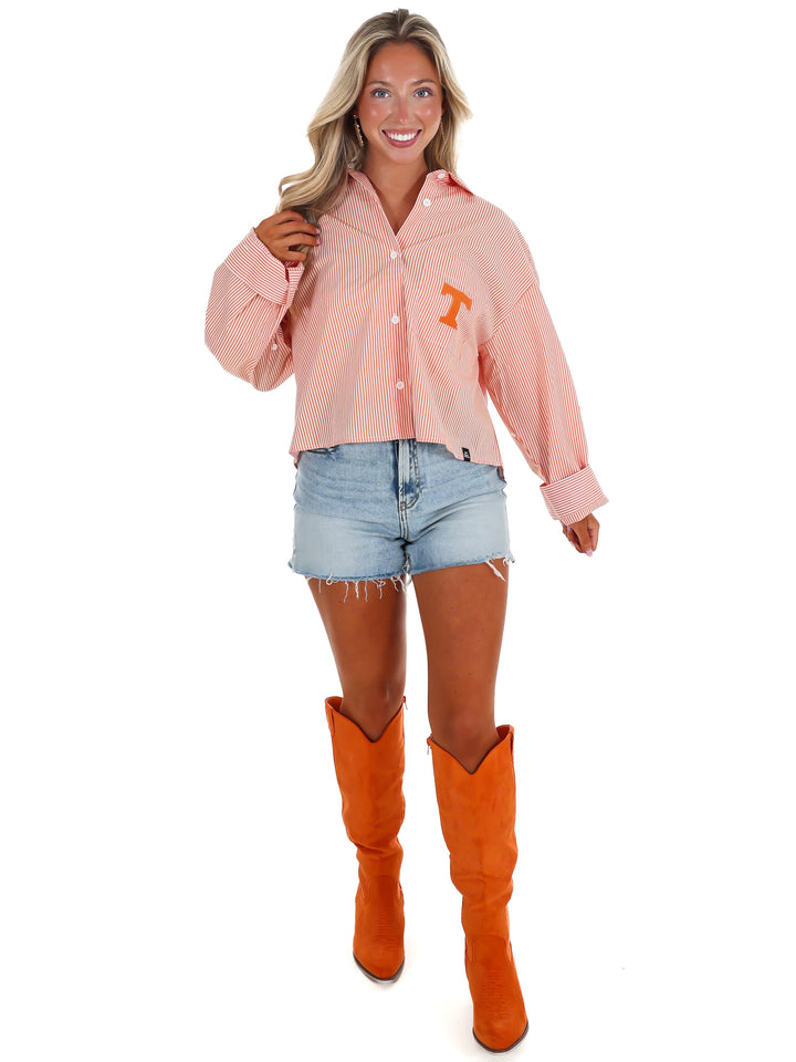 Tennessee Logo Patch Striped Cropped Button Up