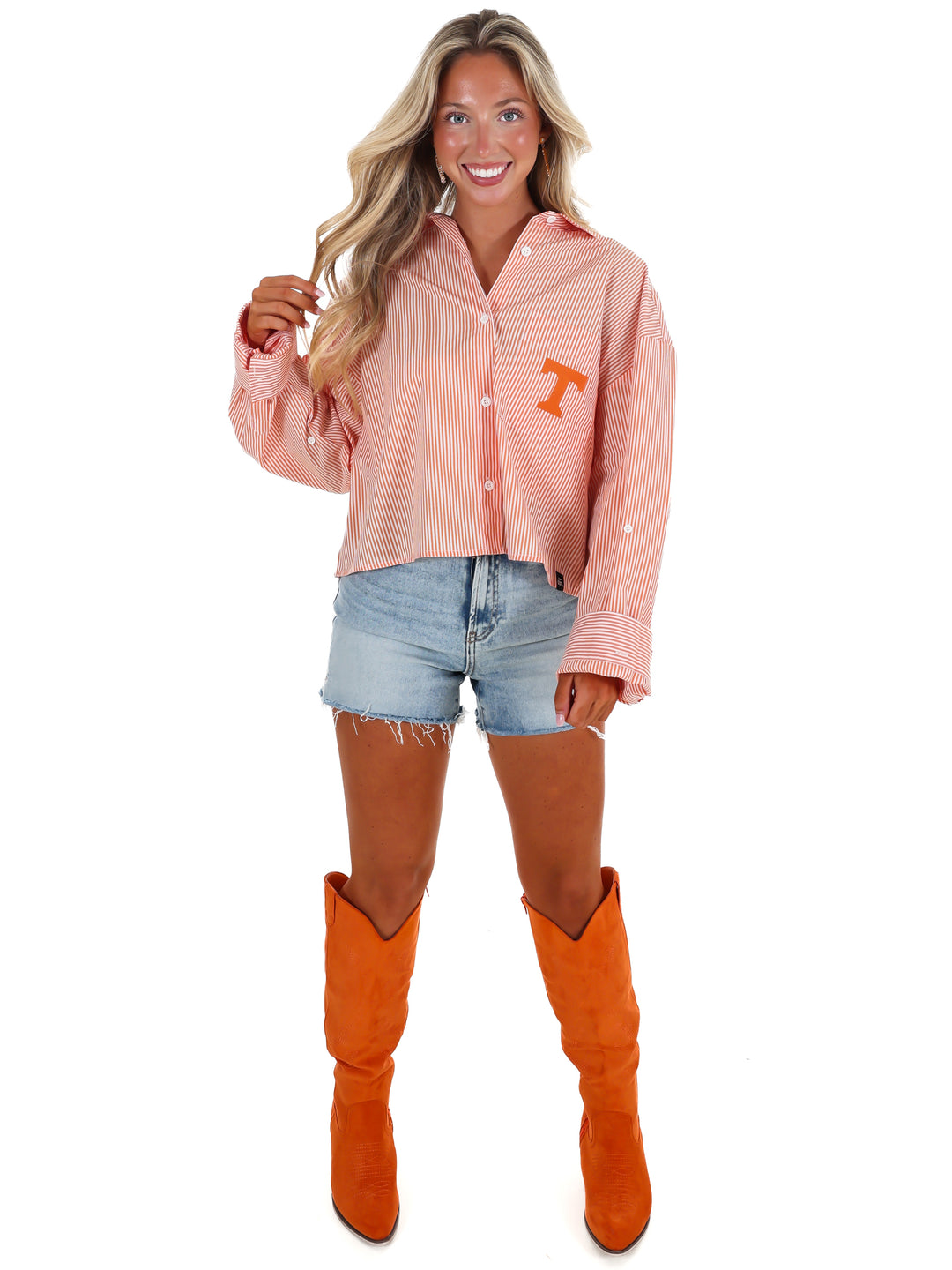 Tennessee Logo Patch Striped Cropped Button Up