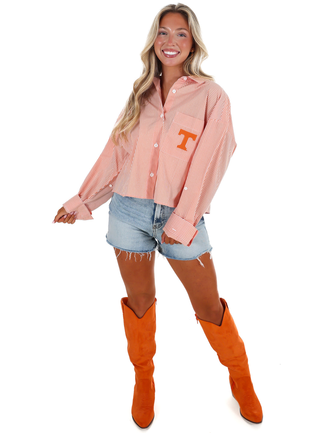 Tennessee Logo Patch Striped Cropped Button Up