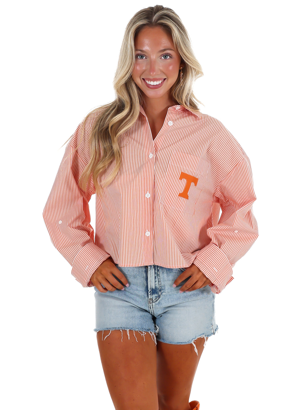 Tennessee Logo Patch Striped Cropped Button Up