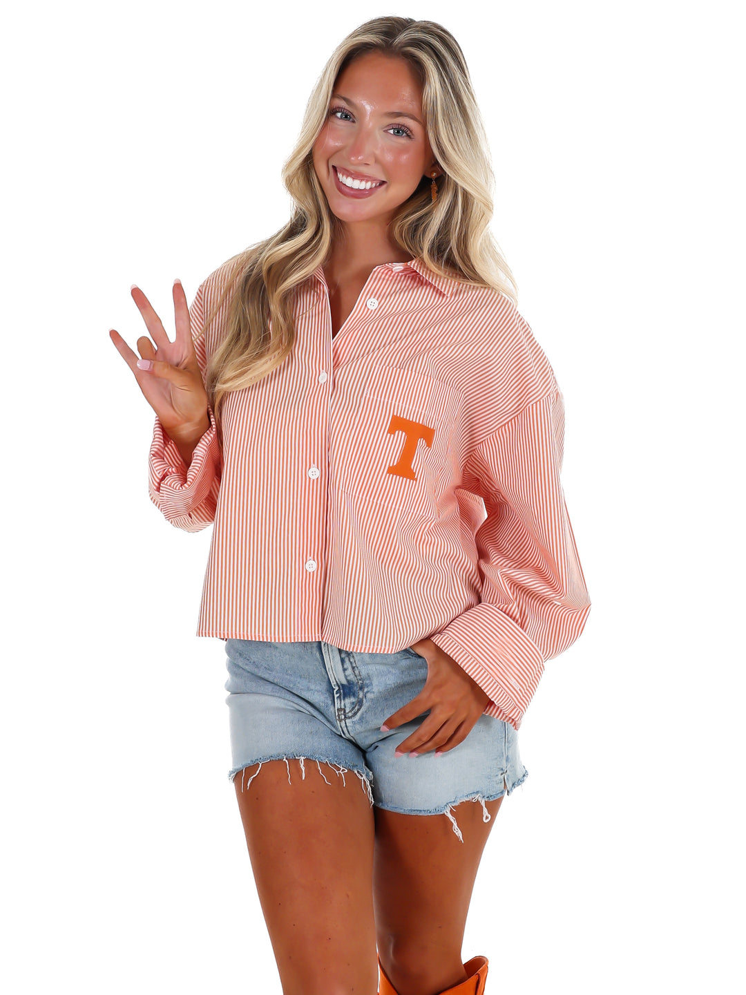 Tennessee Logo Patch Striped Cropped Button Up