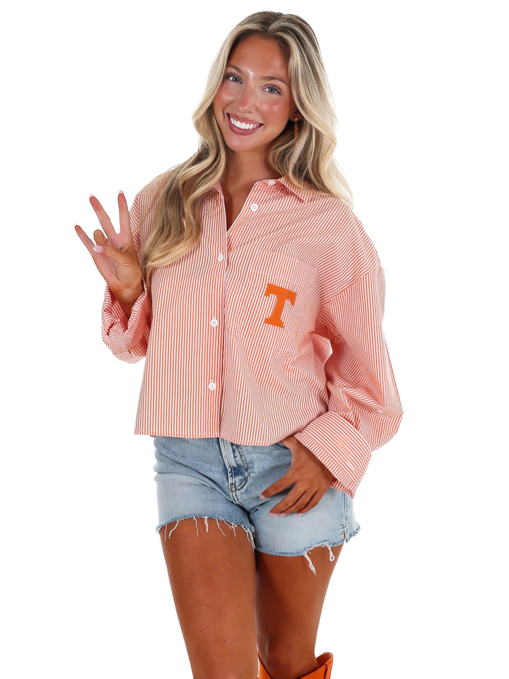 Tennessee Logo Patch Striped Cropped Button Up