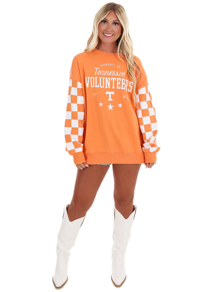 Tennessee Russell Check Lantern Sleeve Crew