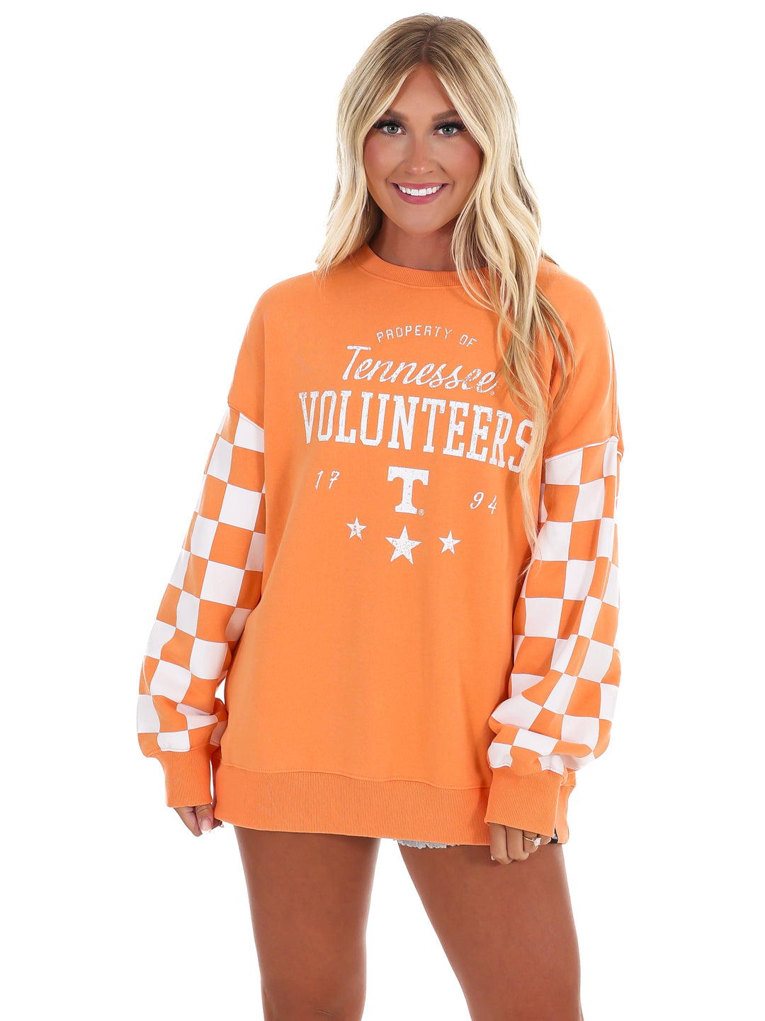 Tennessee Russell Check Lantern Sleeve Crew