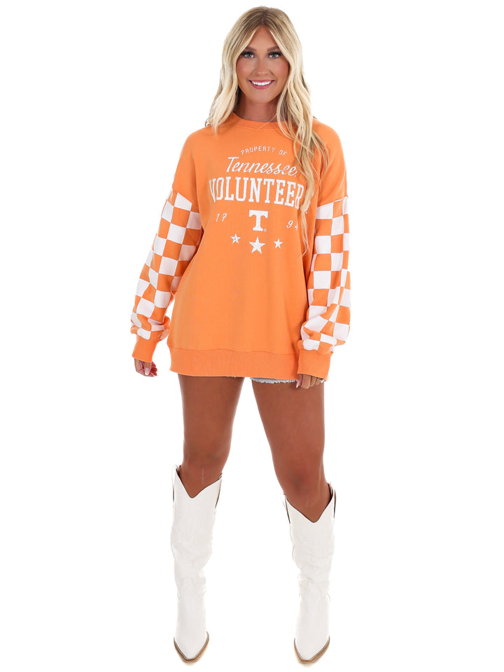 Tennessee Russell Check Lantern Sleeve Crew