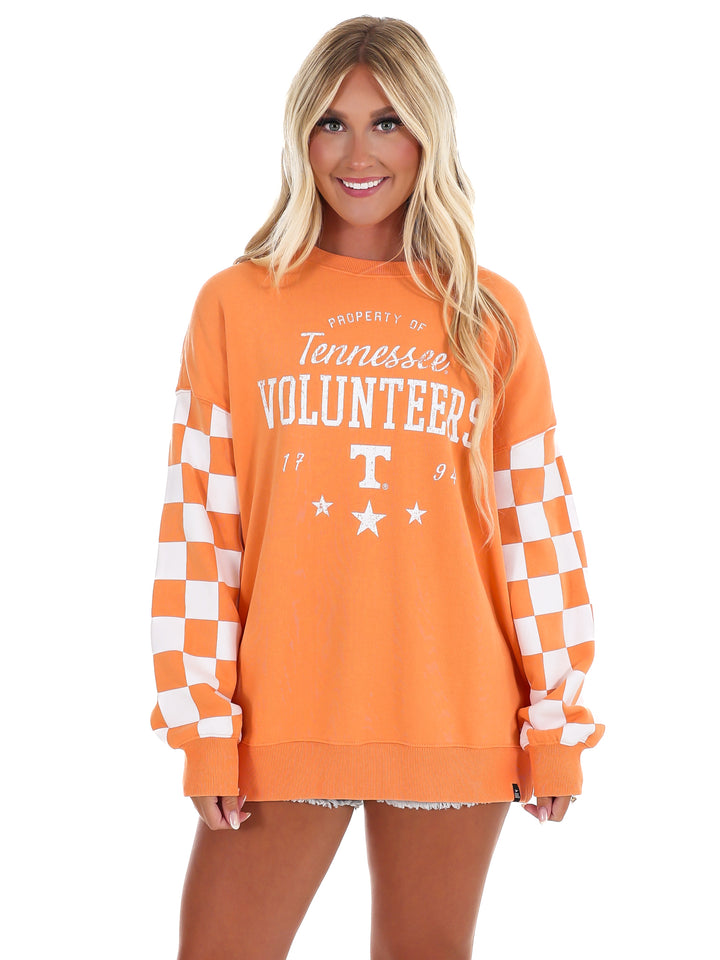 Tennessee Russell Check Lantern Sleeve Crew