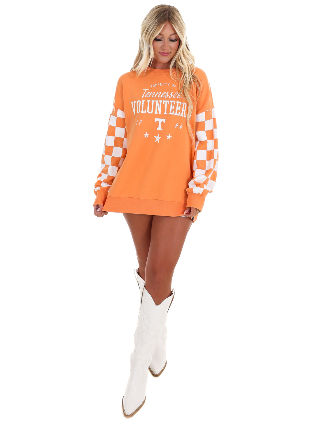 Tennessee Russell Check Lantern Sleeve Crew