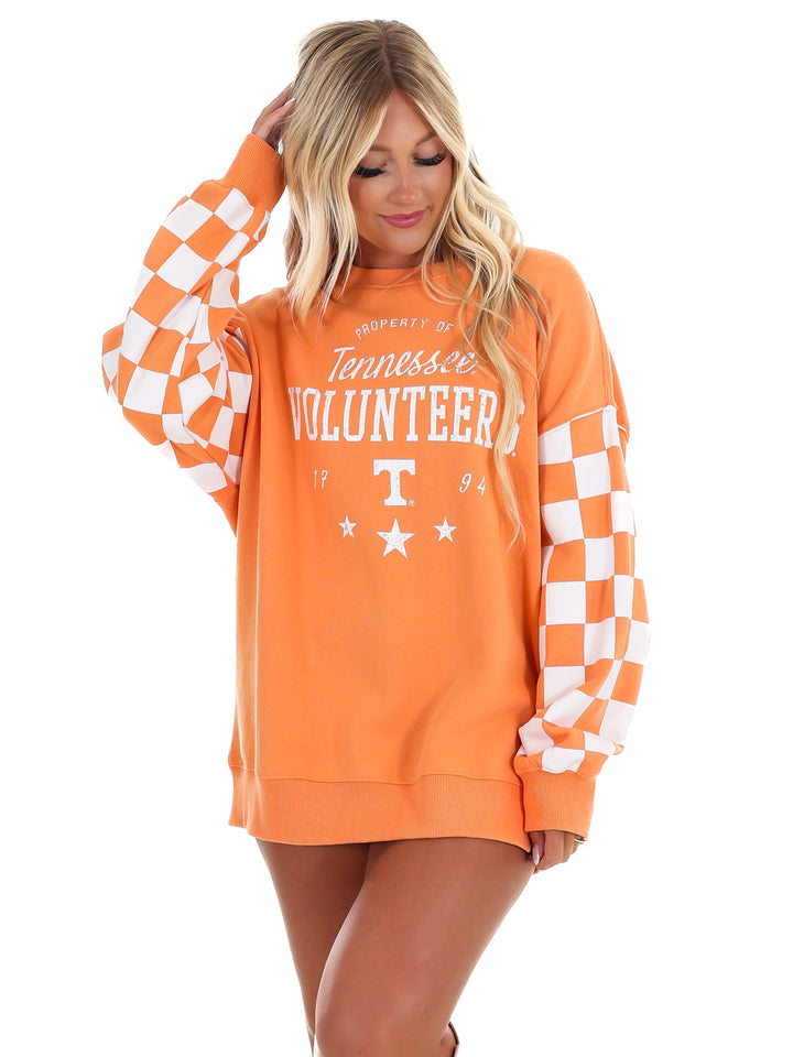 Tennessee Russell Check Lantern Sleeve Crew