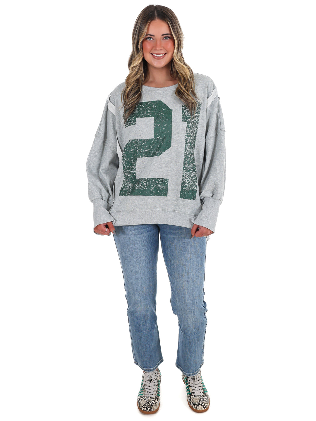 Faded Varsity Print Pullover Top