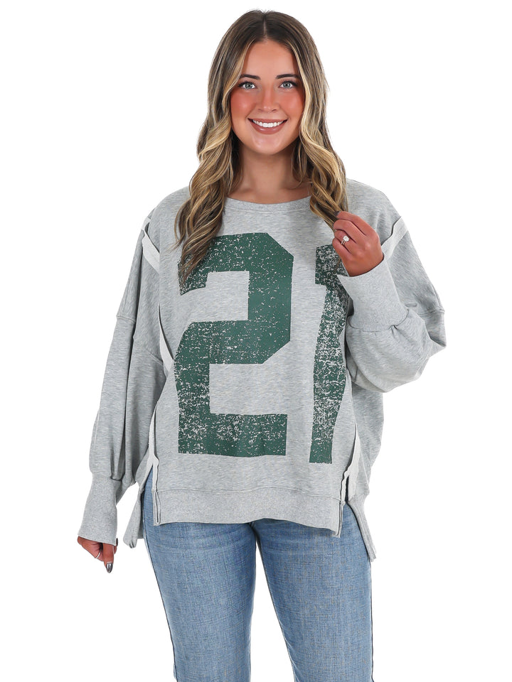 Faded Varsity Print Pullover Top