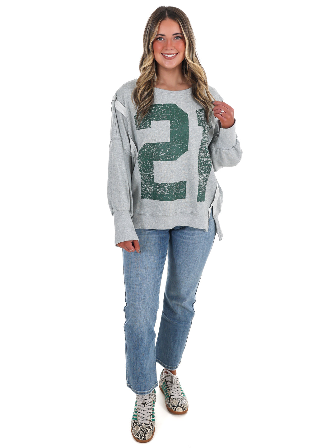 Faded Varsity Print Pullover Top