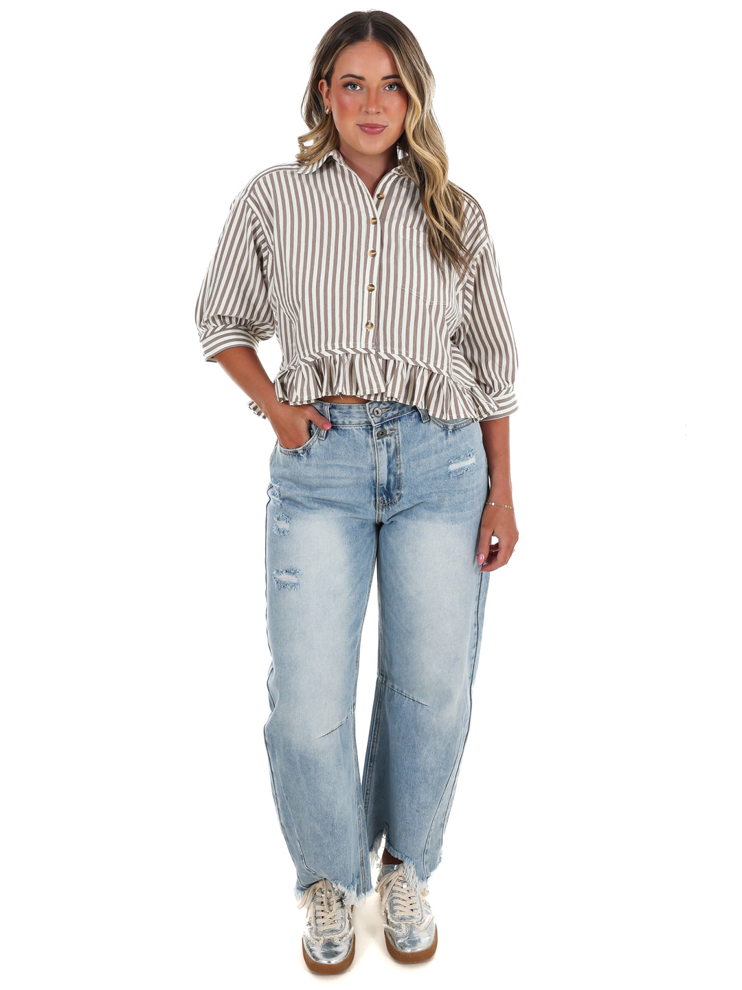 Sweetline Stripe Button Up Top