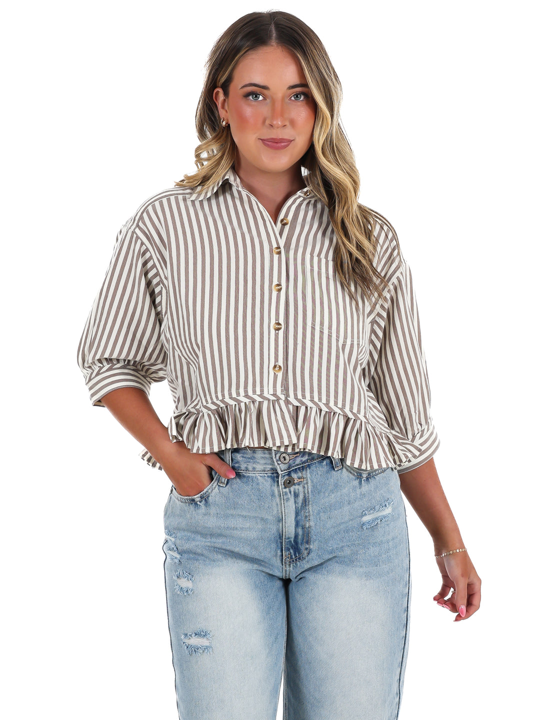 Sweetline Stripe Button Up Top