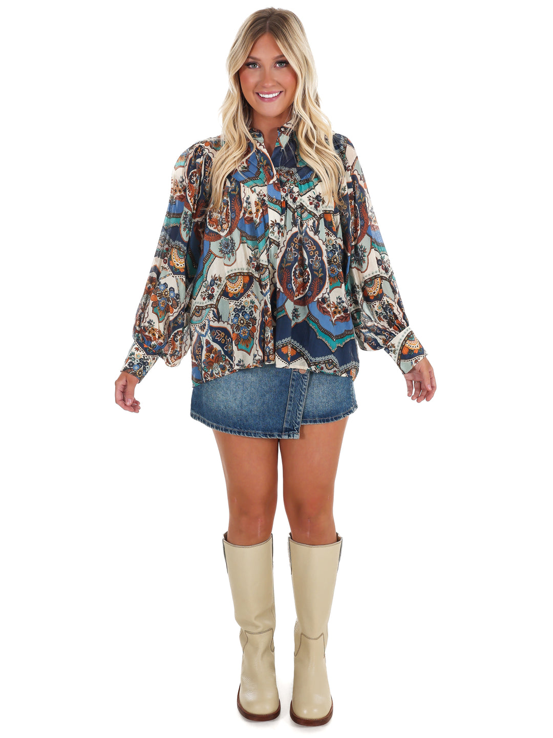 Breezy Bright Print Button Down Top