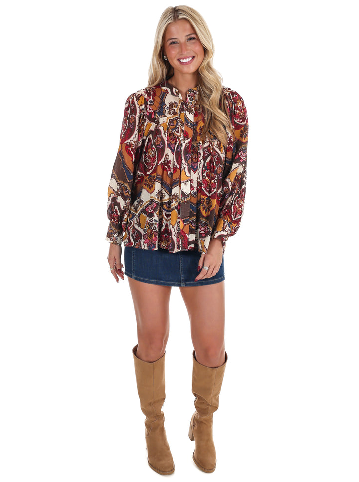 Breezy Bright Print Button Down Top