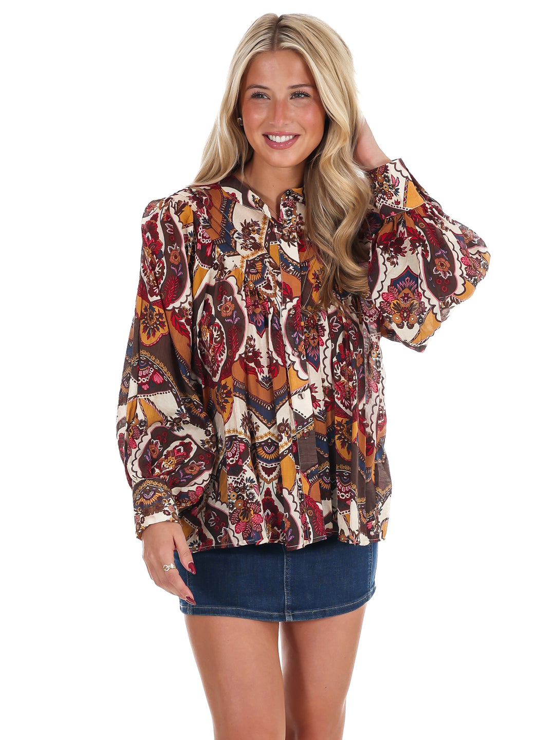 Breezy Bright Print Button Down Top