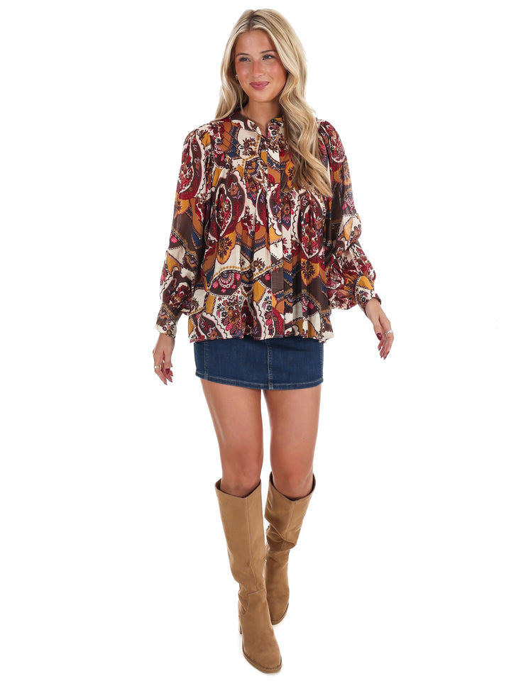 Breezy Bright Print Button Down Top