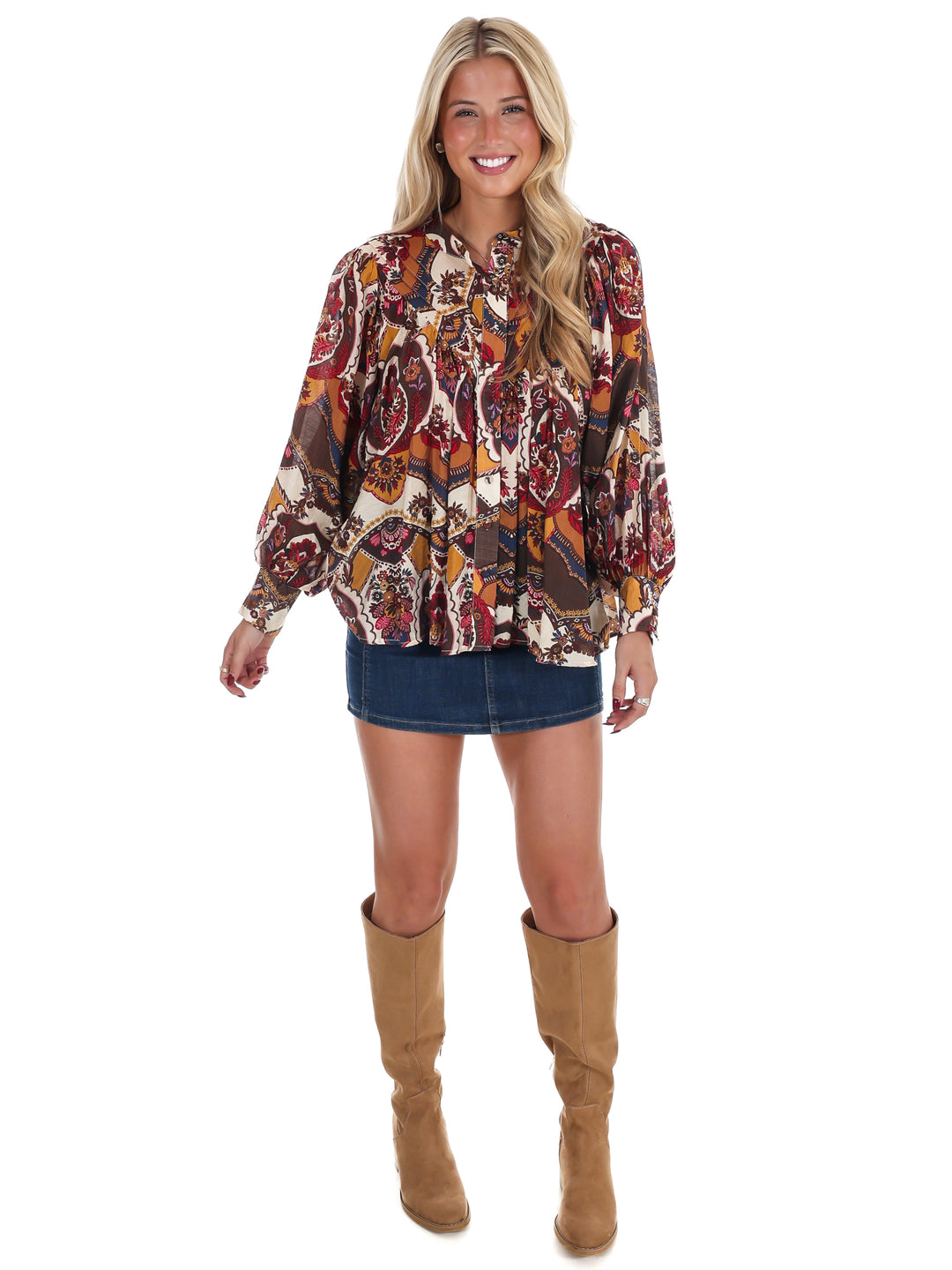 Breezy Bright Print Button Down Top