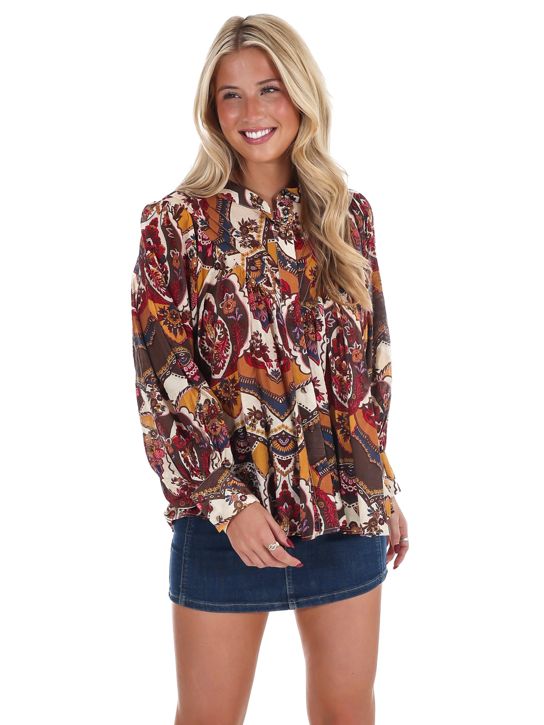 Breezy Bright Print Button Down Top