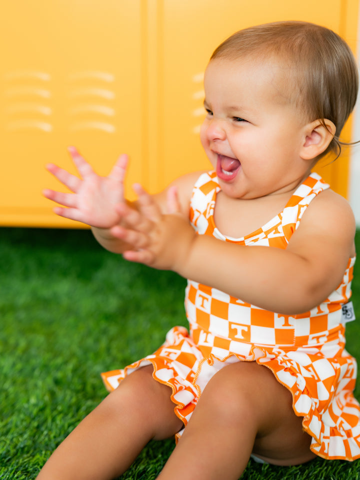 Little Vols Checkerboard Ruffle Hem Dress